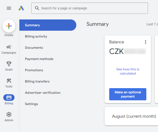 Menu Google Ads - Billing